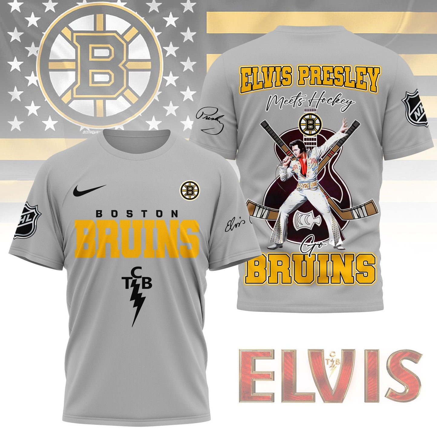LIMITED EDITION - NEW CUSTOMIZED NHL02 BTB BOSTON BRUINS X ELVIS PRESLEY FAN 3D SHIRT