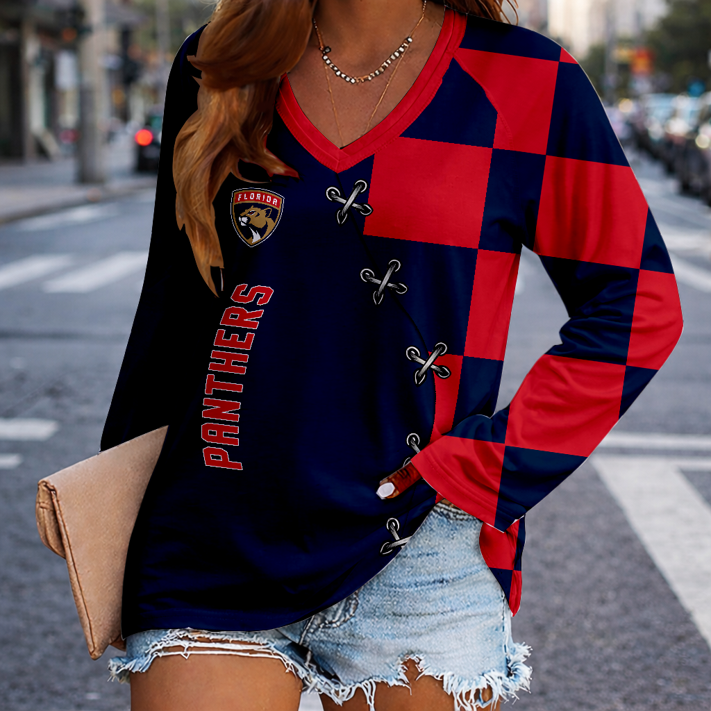 LIMITED EDITION - NEW CUSTOMIZED NHL01 FPT FLORIDA PANTHERS WOMEN'S V-NECK LONG SLEEVED SHIRT