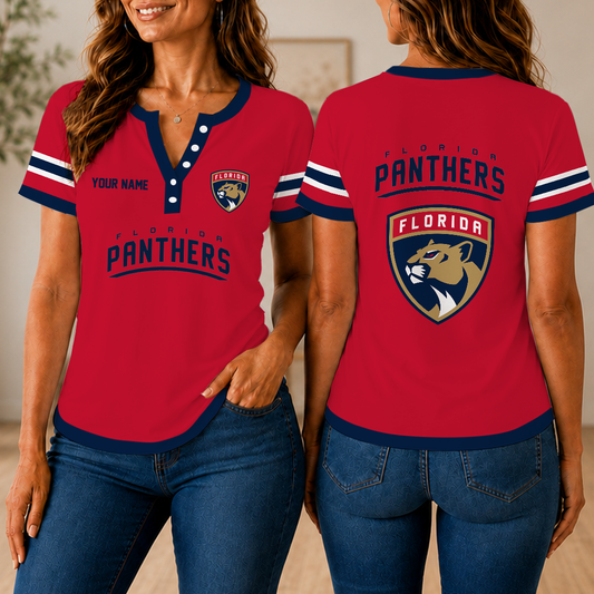 FINAL SALE - NEW CUSTOMIZED NHL01 FPT FLORIDA PANTHERS WOMEN'S SHORT SLEEVE HENLEY T-SHIRT