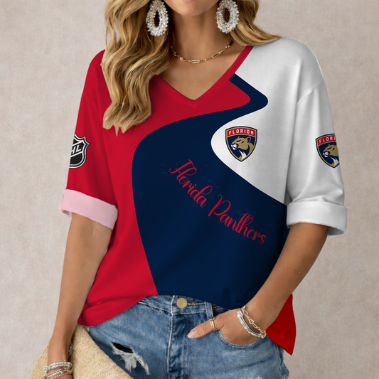FLASH SALE - NEW CUSTOMIZED NHL01 FPT FLORIDA PANTHERS WOMEN'S V-NECK LONG SLEEVE SHIRT