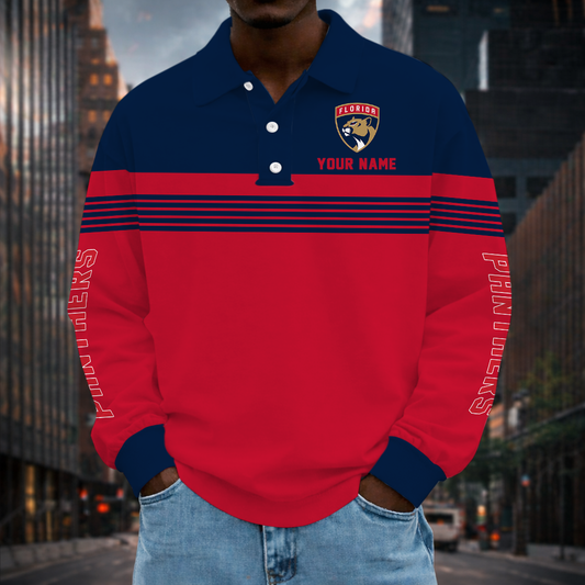 LIMITED EDITION - NEW CUSTOMIZED NHL01 FPT FLORIDA PANTHERS MEN LONG SLEEVE POLO