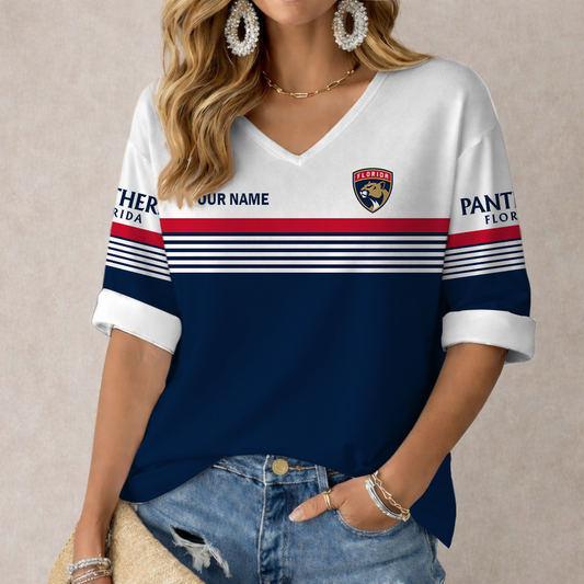LIMITED EDITION - NEW CUSTOMIZED NHL01 FPT FLORIDA PANTHERS WOMEN'S HEART V-NECK LONG SLEEVE SHIRT