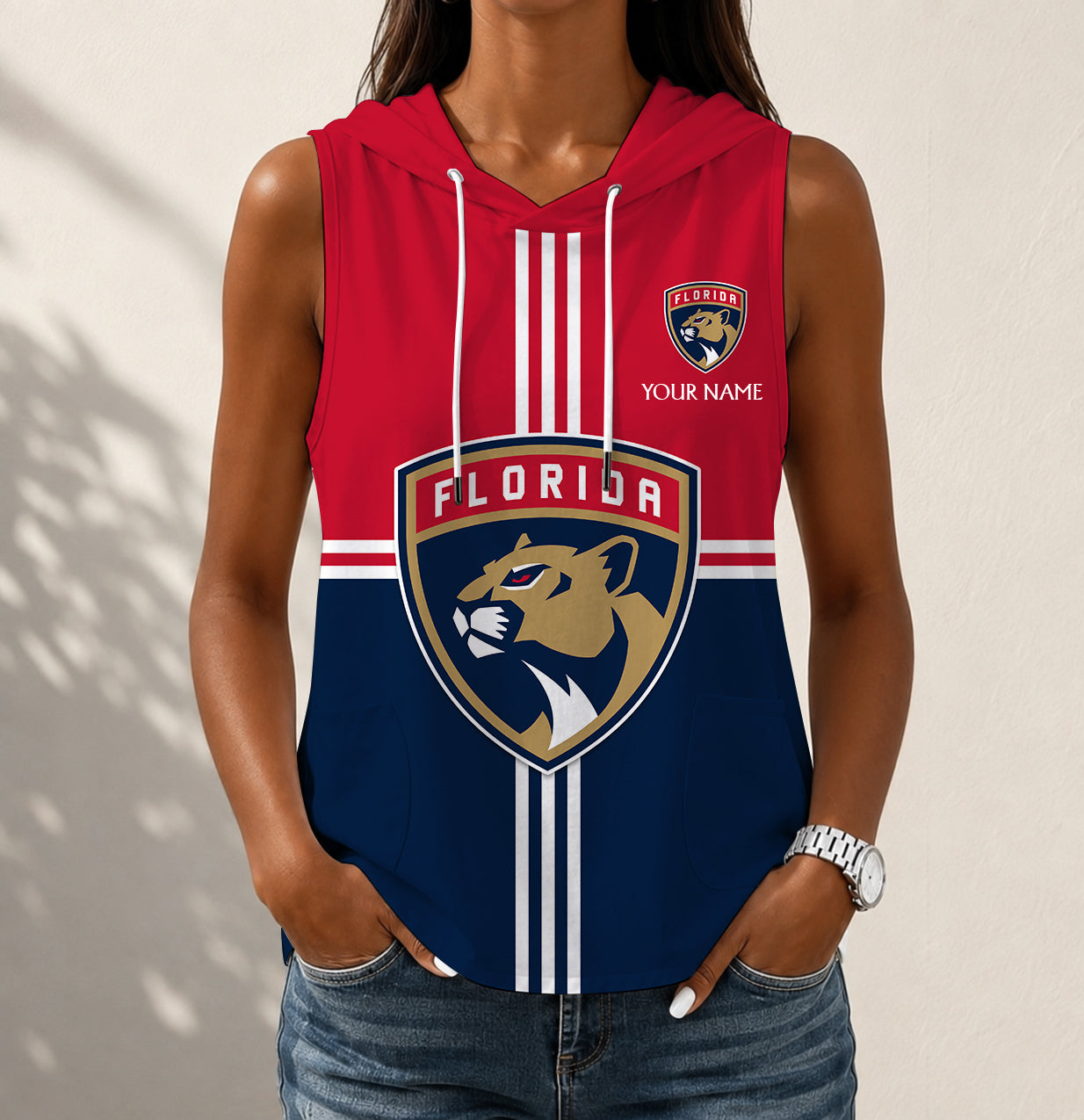 LIMITED EDITION - NEW CUSTOMIZED NHL01 FPT FLORIDA PANTHERS WOMEN'S SLEEVELESS HOODED POCKET TANK TOP