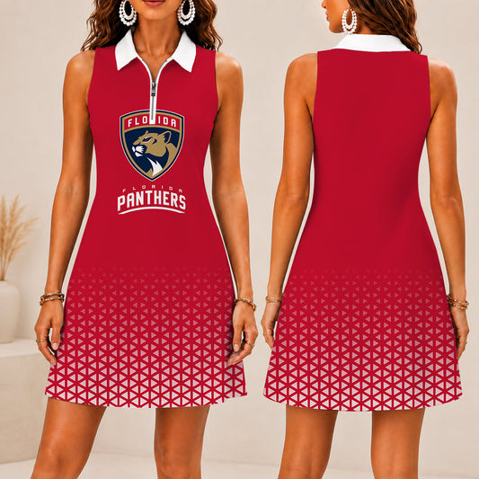 FLASH SALE - NEW CUSTOMIZED NHL01 FPT FLORIDA PANTHERS WOMEN'S ZIP SLEEVELESS POLO DRESS