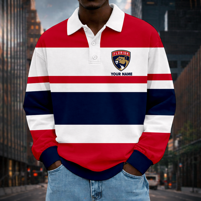 LIMITED EDITION - NEW CUSTOMIZED NHL01 FPT FLORIDA PANTHERS MEN LONG SLEEVE POLO