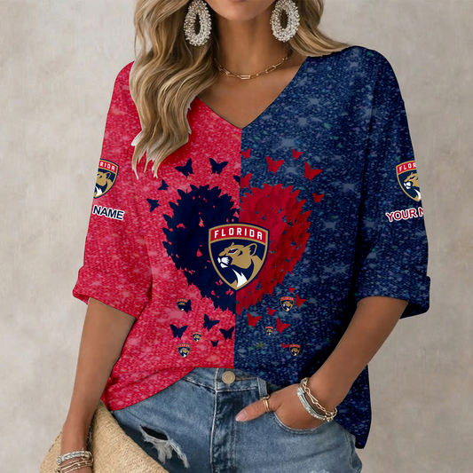 LIMITED EDITION - NEW CUSTOMIZED NHL01 FPT FLORIDA PANTHERS WOMEN'S HEART V-NECK LONG SLEEVE SHIRT