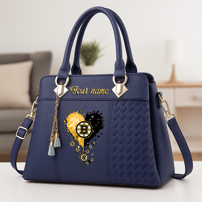 LIMITED EDITION - NEW CUSTOMIZED NHL02 BTB BOSTON BRUINS ZIP HANDBAG MULTICOLOR