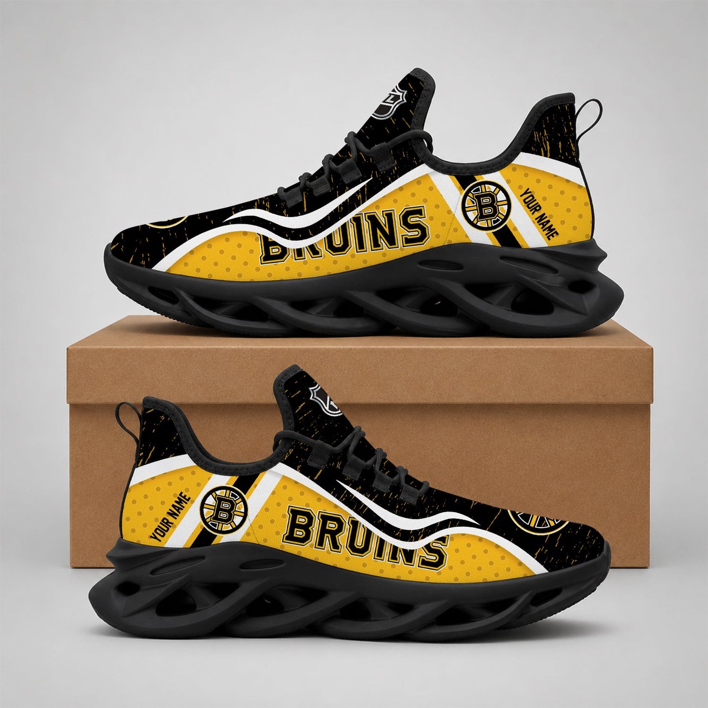LIMITED EDITION - NEW CUSTOMIZED NHL02 BTB BOSTON BRUINS CLUNKY SNEAKERS