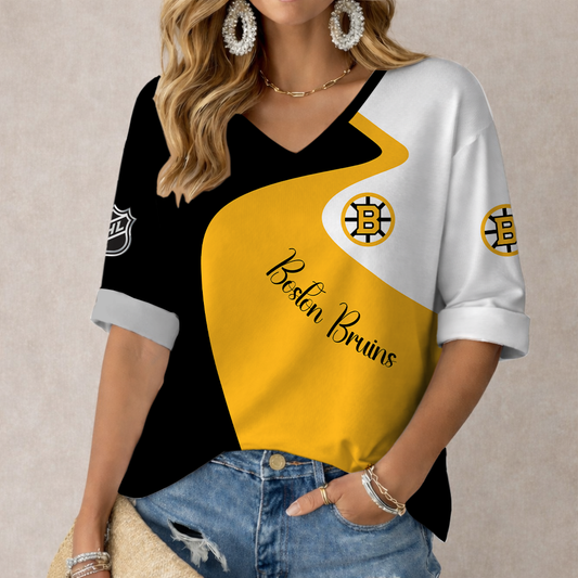 FLASH SALE - NEW CUSTOMIZED NHL02 BTB BOSTON BRUINS WOMEN'S V-NECK LONG SLEEVE SHIRT