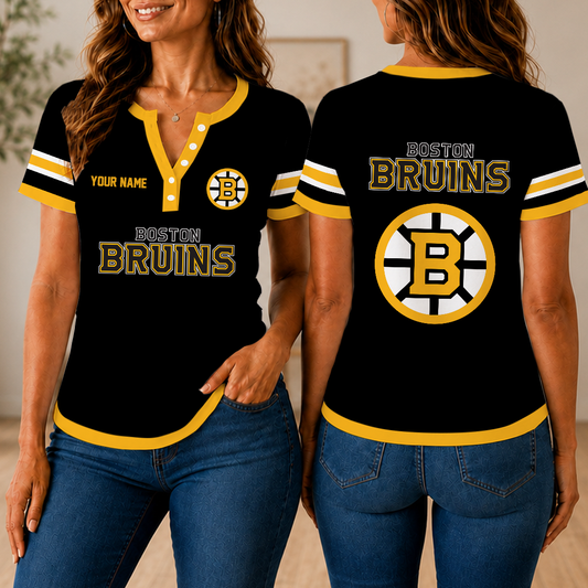 FINAL SALE - NEW CUSTOMIZED NHL02 BTB BOSTON BRUINS WOMEN'S SHORT SLEEVE HENLEY T-SHIRT