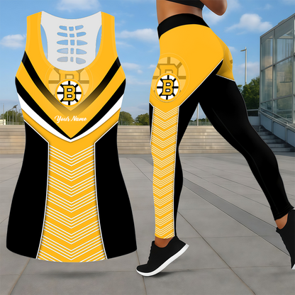 SPECIAL EDITION - NEW CUSTOMIZED NHL02 BTB BOSTON BRUINS LEGGINGS & HOLLOW TANK TOP SET