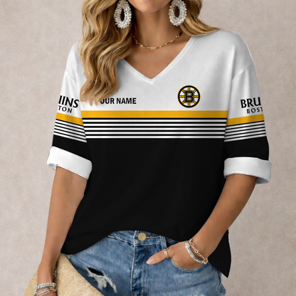 LIMITED EDITION - NEW CUSTOMIZED NHL02 BTB BOSTON BRUINS WOMEN'S HEART V-NECK LONG SLEEVE SHIRT