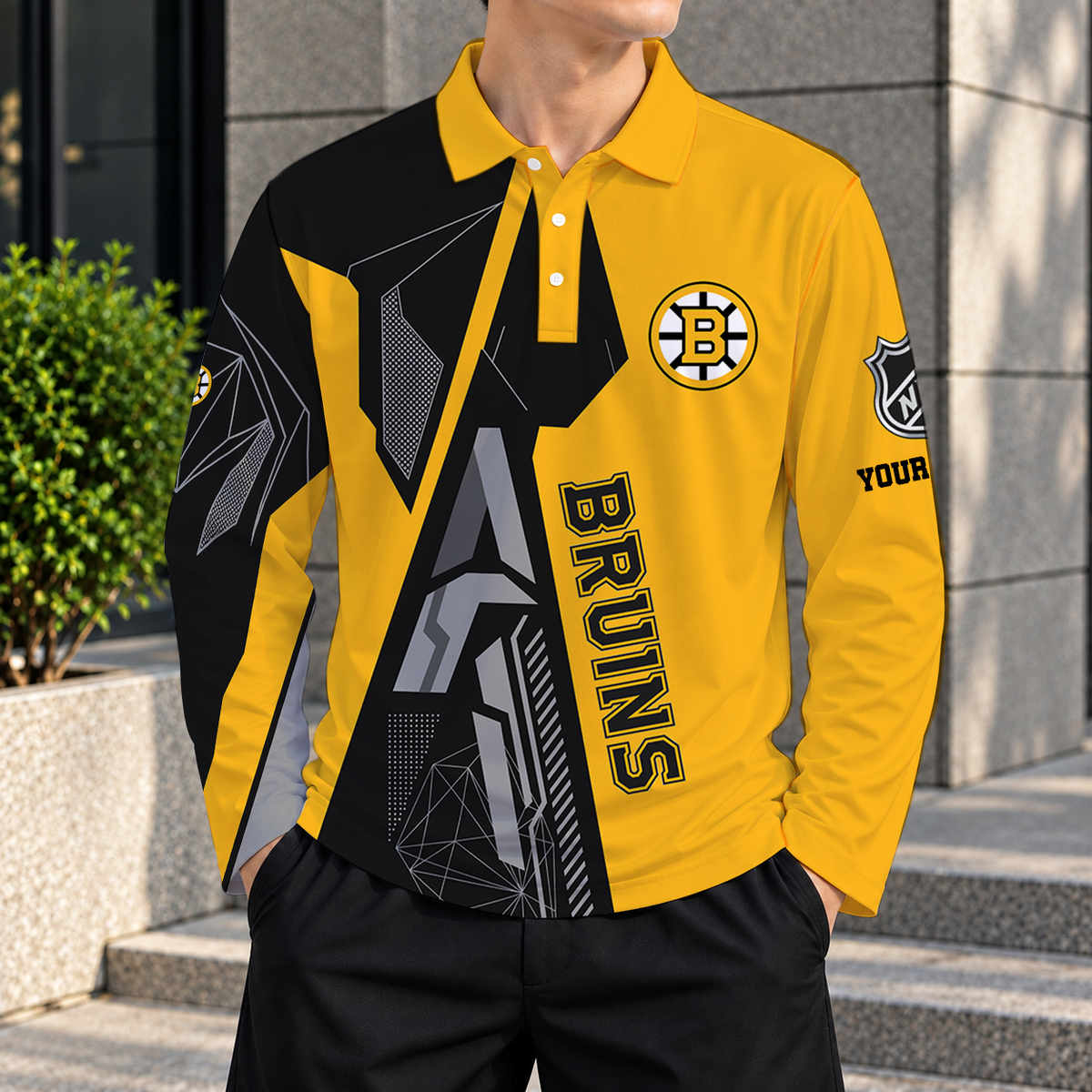 SPECIAL EDITION - NEW CUSTOMIZED NHL02 BTB BOSTON BRUINS MEN LONG SLEEVE POLO