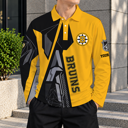 SPECIAL EDITION - NEW CUSTOMIZED NHL02 BTB BOSTON BRUINS MEN LONG SLEEVE POLO