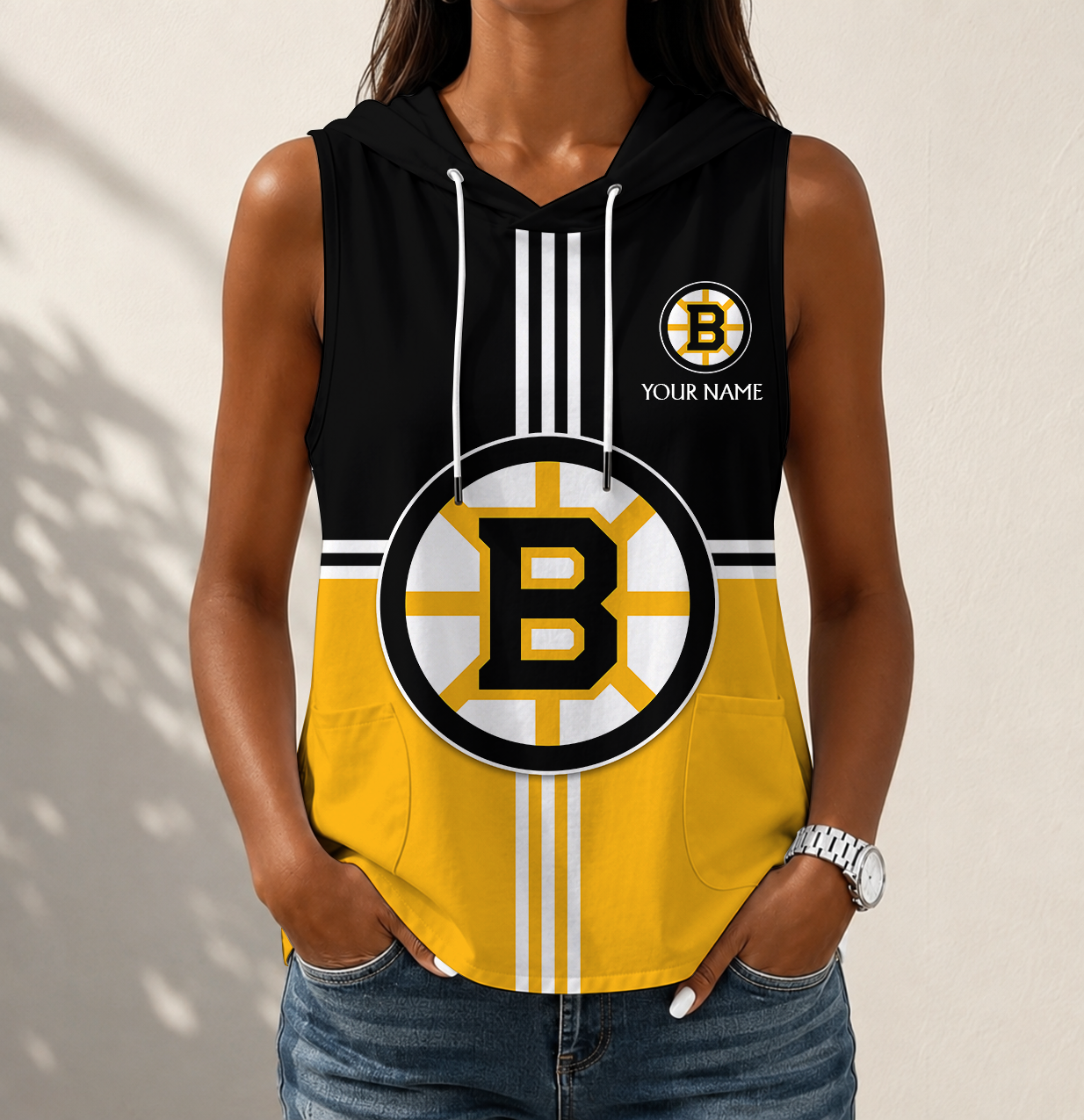 LIMITED EDITION - NEW CUSTOMIZED NHL02 BTB BOSTON BRUINS WOMEN'S SLEEVELESS HOODED POCKET TANK TOP