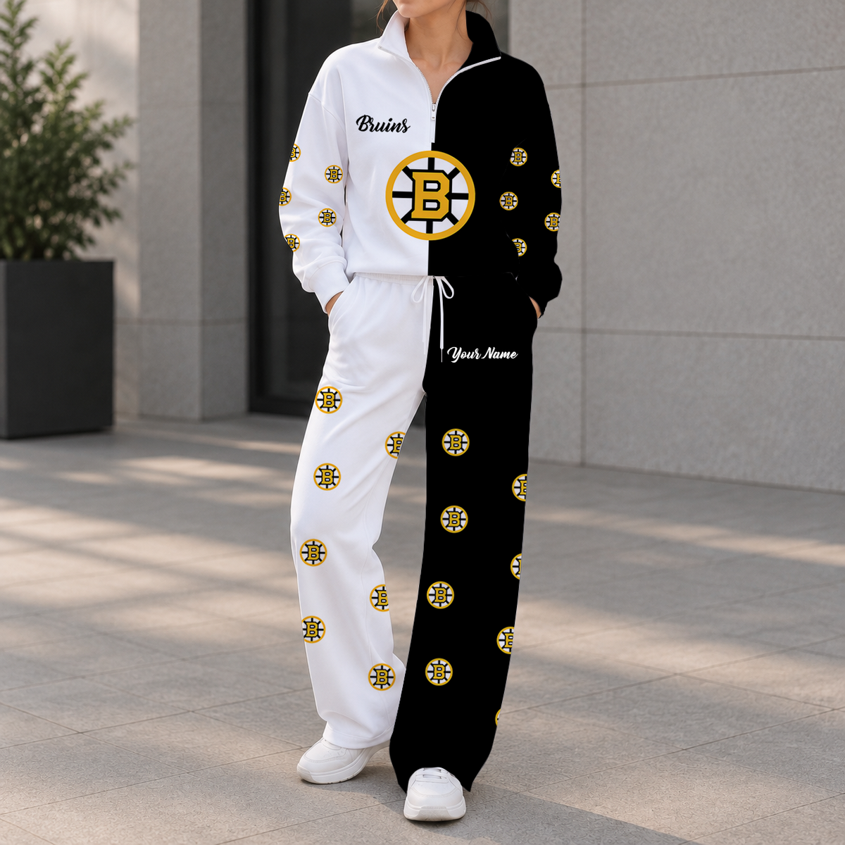 SPECIAL EDITION - NEW CUSTOMIZED NHL02 BTB BOSTON BRUINS ZIPPER SWEATSHIRT & WIDE LEG PANTS SET