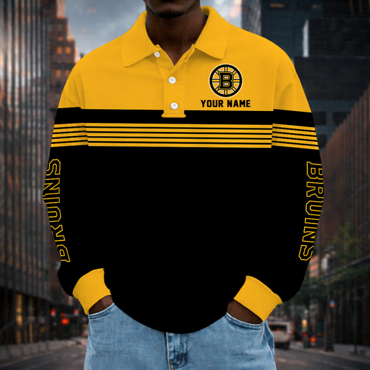 LIMITED EDITION - NEW CUSTOMIZED NHL02 BTB BOSTON BRUINS MEN LONG SLEEVE POLO