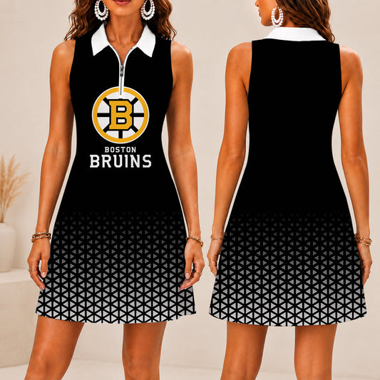 FLASH SALE - NEW CUSTOMIZED NHL02 BTB BOSTON BRUINS WOMEN'S ZIP SLEEVELESS POLO DRESS