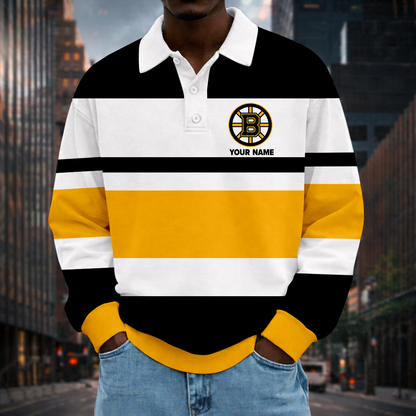 LIMITED EDITION - NEW CUSTOMIZED NHL02 BTB BOSTON BRUINS MEN LONG SLEEVE POLO