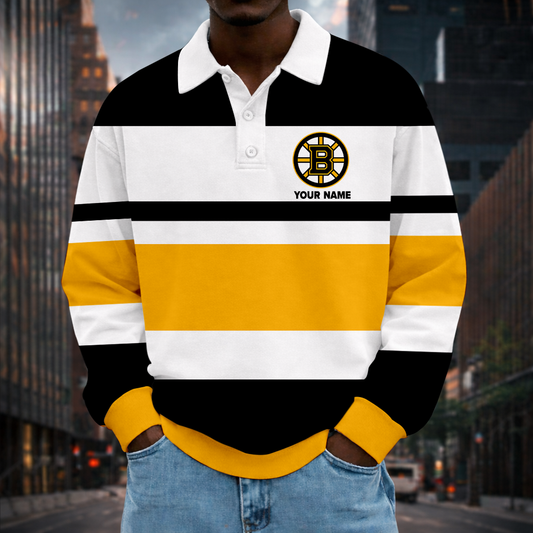 LIMITED EDITION - NEW CUSTOMIZED NHL02 BTB BOSTON BRUINS MEN LONG SLEEVE POLO