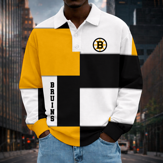 LIMITED EDITION - NEW CUSTOMIZED NHL02 BTB BOSTON BRUINS MEN LONG SLEEVE POLO