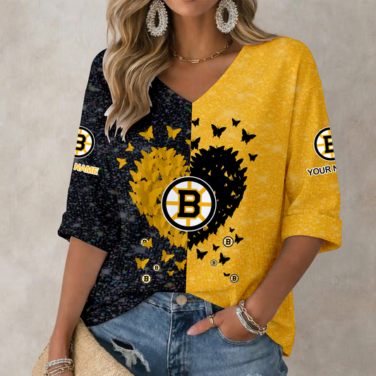 LIMITED EDITION - NEW CUSTOMIZED NHL02 BTB BOSTON BRUINS WOMEN'S HEART V-NECK LONG SLEEVE SHIRT