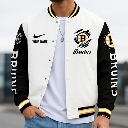 LIMITED EDITION - NEW CUSTOMIZED NHL02 BTB BOSTON BRUINS BASEBALL JACKET, SATIN VARSITY JACKET