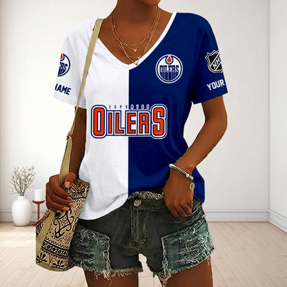 LIMITED EDITION - NEW CUSTOMIZED NHL03 EMO EDMONTON OILERS V-NECK FEMALE SHIRT
