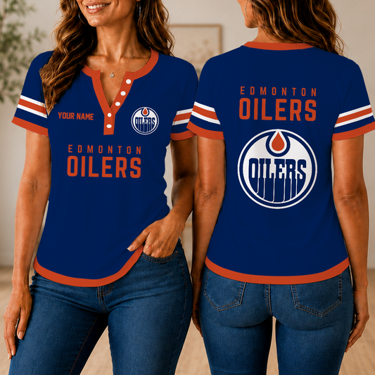 FINAL SALE - NEW CUSTOMIZED NHL03 EMO EDMONTON OILERS WOMEN'S SHORT SLEEVE HENLEY T-SHIRT