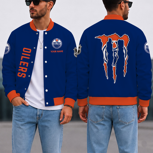 LIMITED EDITION - NEW CUSTOMIZED NHL03 EMO EDMONTON OILERS SATIN VARSITY JACKET & BASEBALL JACKET