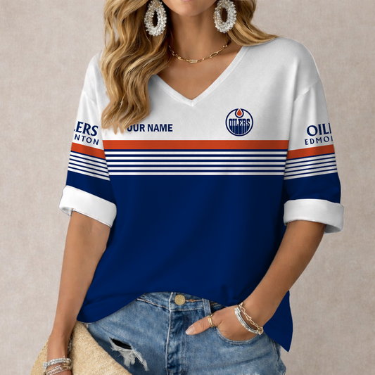 LIMITED EDITION - NEW CUSTOMIZED NHL03 EMO EDMONTON OILERS WOMEN'S HEART V-NECK LONG SLEEVE SHIRT