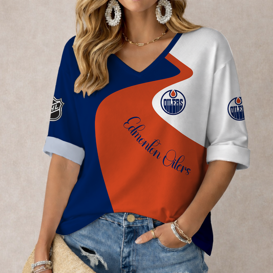 FLASH SALE - NEW CUSTOMIZED NHL03 EMO EDMONTON OILERS WOMEN'S V-NECK LONG SLEEVE SHIRT