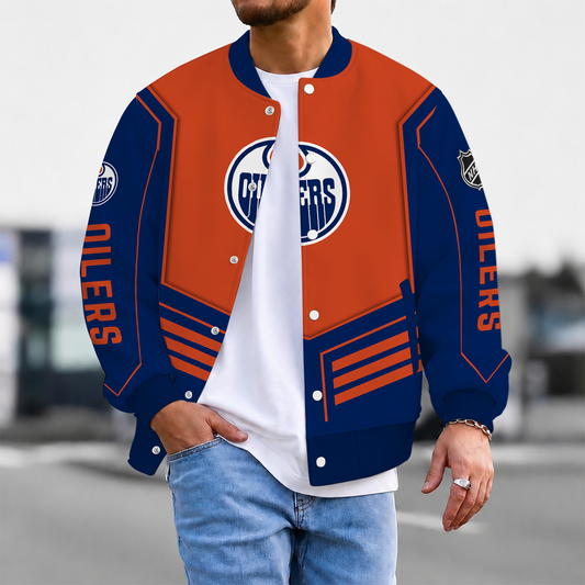 LIMITED EDITION - NEW CUSTOMIZED NHL03 EMO EDMONTON OILERS SATIN VARSITY JACKET & BASEBALL JACKET