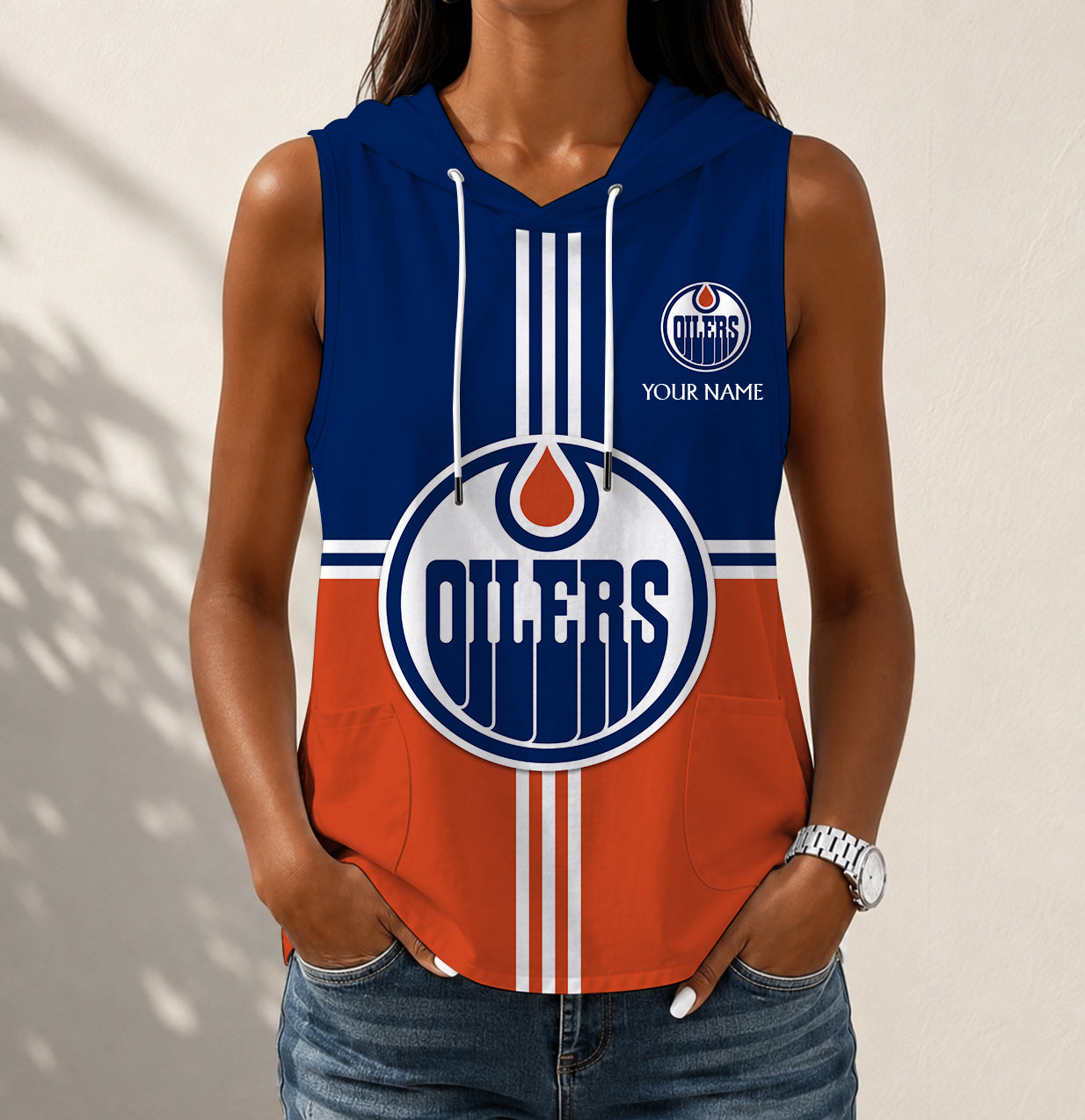LIMITED EDITION - NEW CUSTOMIZED NHL03 EMO EDMONTON OILERS WOMEN'S SLEEVELESS HOODED POCKET TANK TOP