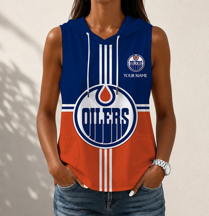 LIMITED EDITION - NEW CUSTOMIZED NHL03 EMO EDMONTON OILERS WOMEN'S SLEEVELESS HOODED POCKET TANK TOP