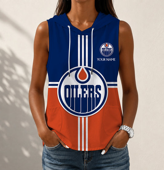LIMITED EDITION - NEW CUSTOMIZED NHL03 EMO EDMONTON OILERS WOMEN'S SLEEVELESS HOODED POCKET TANK TOP