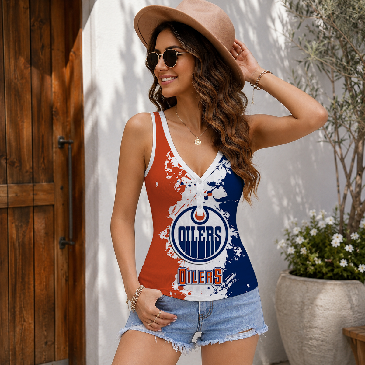FINAL SALE - NEW CUSTOMIZED NHL03 EMO EDMONTON OILERS WOMEN'S V-NECK TANK TOP