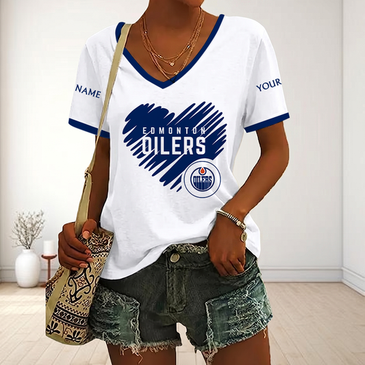 FINAL SALE - NEW CUSTOMIZED NHL03 EMO EDMONTON OILERS V-NECK FEMALE SHIRT