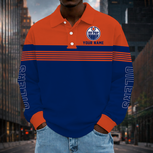 LIMITED EDITION - NEW CUSTOMIZED NHL03 EMO EDMONTON OILERS MEN LONG SLEEVE POLO