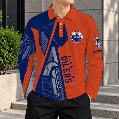SPECIAL EDITION - NEW CUSTOMIZED NHL03 EMO EDMONTON OILERS MEN LONG SLEEVE POLO