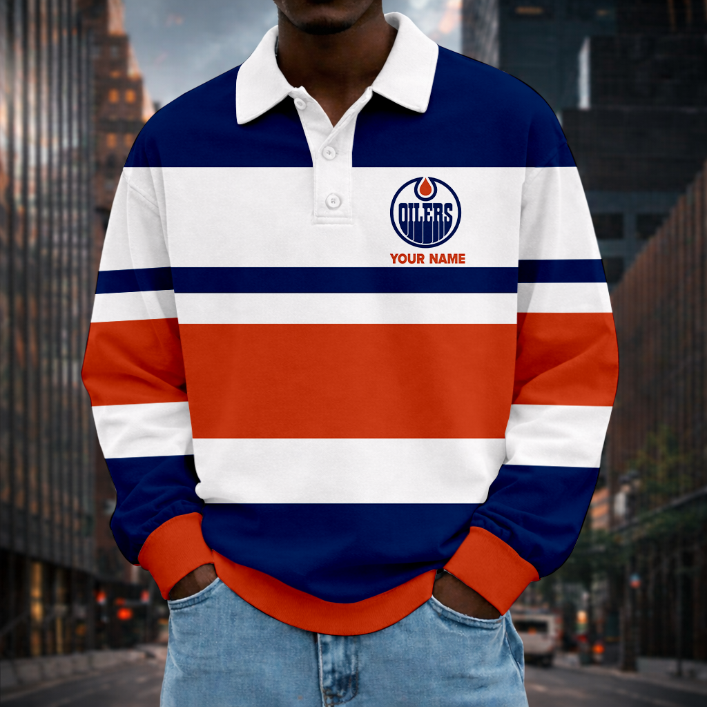 LIMITED EDITION - NEW CUSTOMIZED NHL03 EMO EDMONTON OILERS MEN LONG SLEEVE POLO