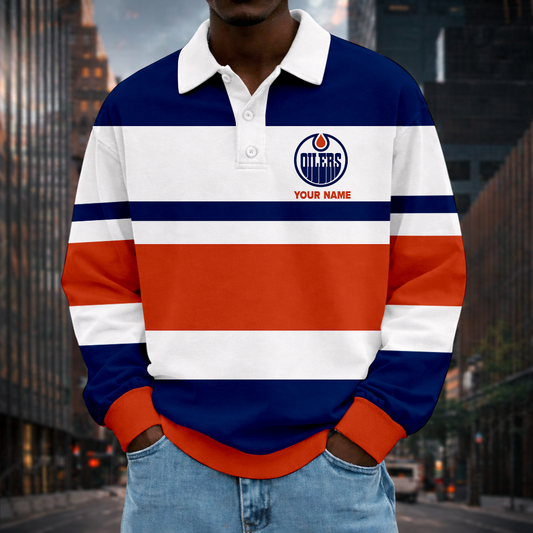 LIMITED EDITION - NEW CUSTOMIZED NHL03 EMO EDMONTON OILERS MEN LONG SLEEVE POLO