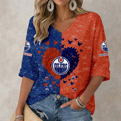 LIMITED EDITION - NEW CUSTOMIZED NHL03 EMO EDMONTON OILERS WOMEN'S HEART V-NECK LONG SLEEVE SHIRT