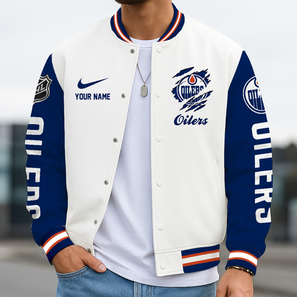 LIMITED EDITION - NEW CUSTOMIZED NHL03 EMO EDMONTON OILERS BASEBALL JACKET, SATIN VARSITY JACKET
