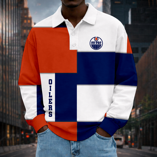 LIMITED EDITION - NEW CUSTOMIZED NHL03 EMO EDMONTON OILERS MEN LONG SLEEVE POLO