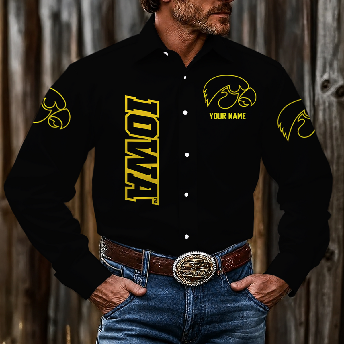 VIRAL EDITION - NEW CUSTOMIZED NCAA CFH04 IWH IOWA HAWKEYES MEN'S LONG SLEEVE BUTTON-UP SHIRT