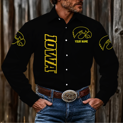 VIRAL EDITION - NEW CUSTOMIZED NCAA CFH04 IWH IOWA HAWKEYES MEN'S LONG SLEEVE BUTTON-UP SHIRT