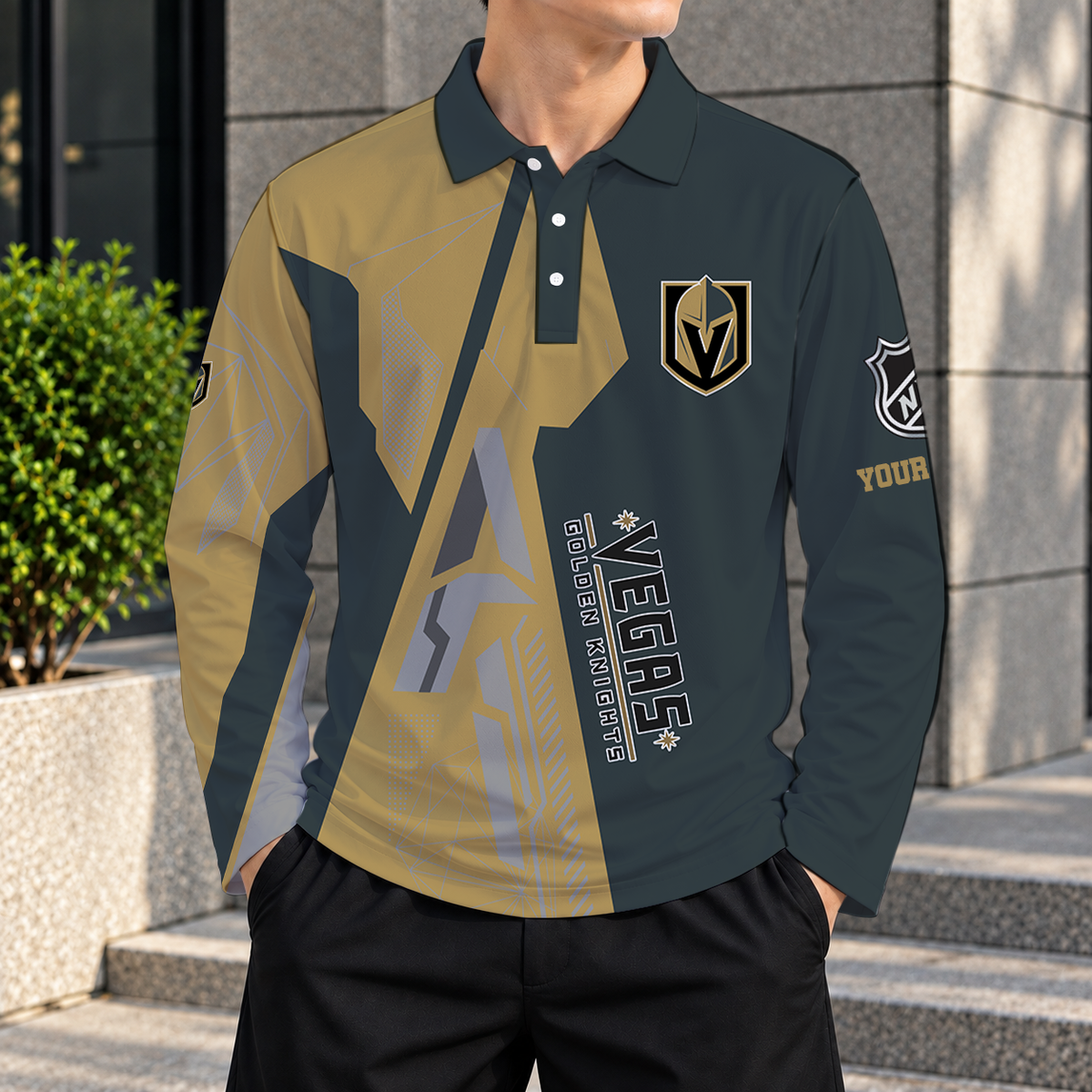 SPECIAL EDITION - NEW CUSTOMIZED NHL04 VGK VEGAS GOLDEN KNIGHTS MEN LONG SLEEVE POLO