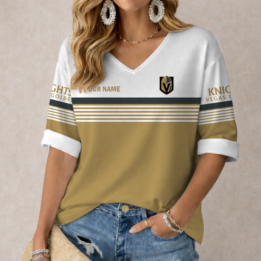 LIMITED EDITION - NEW CUSTOMIZED NHL04 VGK VEGAS GOLDEN KNIGHTS WOMEN'S HEART V-NECK LONG SLEEVE SHIRT