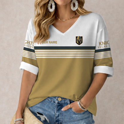 LIMITED EDITION - NEW CUSTOMIZED NHL04 VGK VEGAS GOLDEN KNIGHTS WOMEN'S HEART V-NECK LONG SLEEVE SHIRT